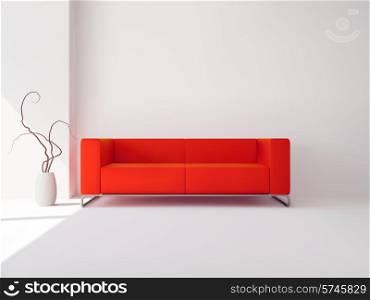 Realistic luxury apartment living room interior with red sofa and vase vector illustration