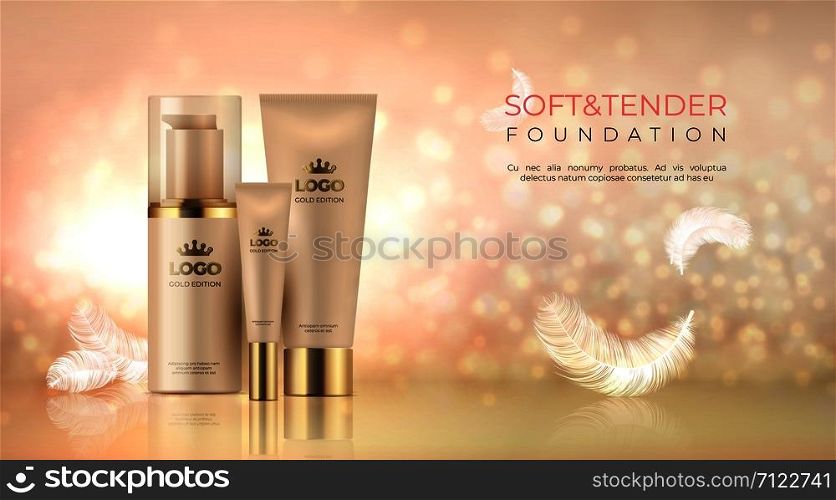 Realistic luxury cosmetic background. Skin care product golden makeup for promotional beauty product. Vector image 3D female cosmetic illustration with elegant feathers. Realistic luxury cosmetic background. Skin care product golden makeup for promotional beauty product. Vector image 3D female cosmetic illustration
