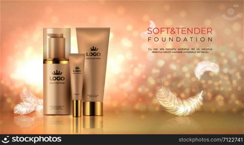 Realistic luxury cosmetic background. Skin care product golden makeup for promotional beauty product. Vector image 3D female cosmetic illustration with elegant feathers. Realistic luxury cosmetic background. Skin care product golden makeup for promotional beauty product. Vector image 3D female cosmetic illustration