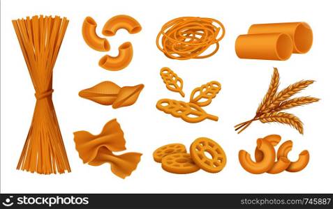 Realistic macaroni. Italian dry wheat food, different types of pasta noodles farfalle fusilli penne. Vector 3D isolated tasty ingredients icons set on white background. Realistic macaroni. Italian dry wheat food, different types of pasta noodles farfalle fusilli penne. Vector 3D isolated set