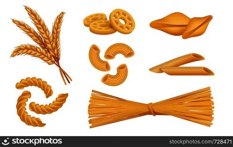 Realistic macaroni. Italian pasta types, noodles spaghetti fusilli wheat food, 3D different dry macaroni set. Vector isolated objects set. Realistic macaroni. Italian pasta types, noodles spaghetti fusilli wheat food, 3D different dry macaroni set. Vector isolated objects