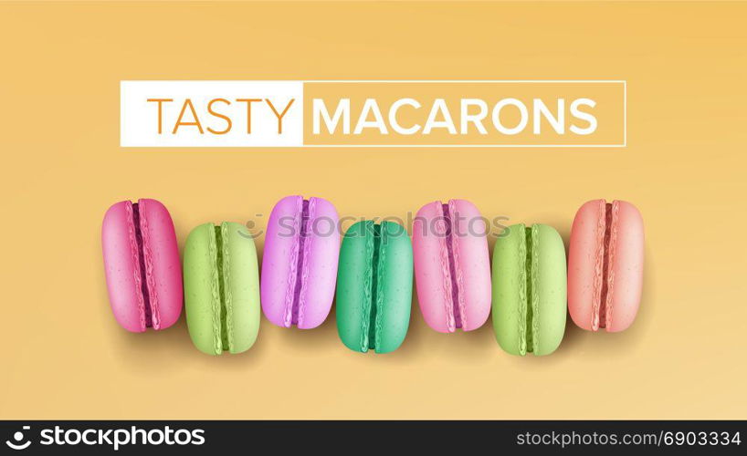 Realistic Macarons Vector. Top View. Sweet French Macaroons On Yellow Background Illustration.. Realistic Macarons Vector. Top View. Sweet French Macaroons On Yellow Background