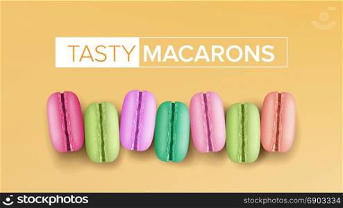 Realistic Macarons Vector. Top View. Sweet French Macaroons On Yellow Background Illustration.. Realistic Macarons Vector. Top View. Sweet French Macaroons On Yellow Background