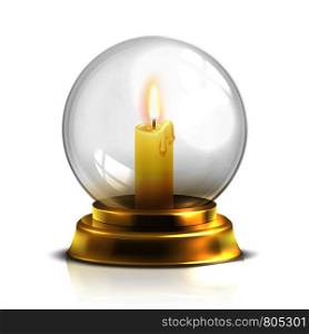 Realistic magic ball with light candle isolated on white background. Glossy transparent glass ball, vector illustration. Realistic magic ball with light candle isolated on white background