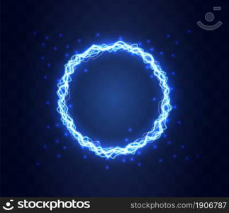 Realistic magic circle of thunder storm blue lightnings. Magic and bright lighting effects. Electric circle. Round frame with electricity and lightnings.. Realistic circle of thunder storm lightnings.