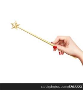 Realistic Magic Wand In Hand. Realistic golden magic wand with star in female hand on white background vector illustration