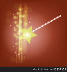 Realistic Magic Wand with Starry Lights on Red Background. Realistic Magic Wand with Starry Lights