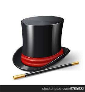 Realistic magician hat with magic stick entertainment show accessories isolated on white background vector illustration
