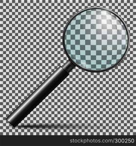 Realistic magnifier. Magnifying glass lens or zooming loupe silver handle instrument isolated vector illustration. Realistic magnifier. Magnifying glass lens or zooming loupe silver handle instrument isolated vector