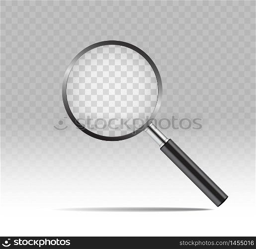 Realistic magnify glass in mockup style on transparent background. Detective concept loupe with zoom. Magnifying glass icon. Black loupe for search. vector illustration eps10. Realistic magnify glass in mockup style on transparent background. Detective concept loupe with zoom. Magnifying glass icon. Black loupe for search. vector