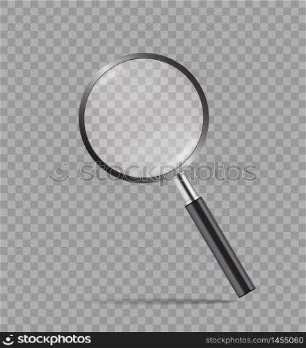 Realistic magnify glass in mockup style on transparent background. Detective concept loupe with zoom. Magnifying glass icon. Black loupe for search. vector illustration eps10. Realistic magnify glass in mockup style on transparent background. Detective concept loupe with zoom. Magnifying glass icon. Black loupe for search. vector