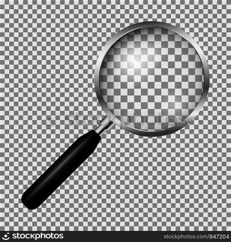 Realistic magnifying glass isolated on transparent background, vector illustration
