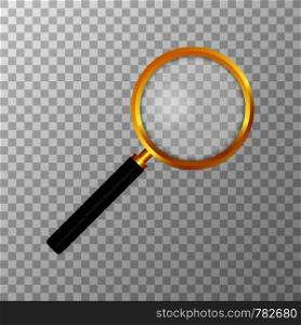 Realistic magnifying glass on transparent background. Search and inspection symbol. Bussiness concept. Sciene or school supplies. Vector stock illustration
