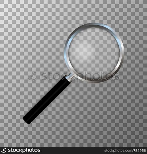 Realistic magnifying glass on transparent background. Search and inspection symbol. Bussiness concept. Sciene or school supplies. Vector stock illustration
