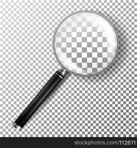 Realistic Magnifying Glass Vector.. Realistic Magnifying Glass Vector. Isolated On Checkered Background Illustration. Magnifying Glass Object For Zoom With Lens For Magnifying