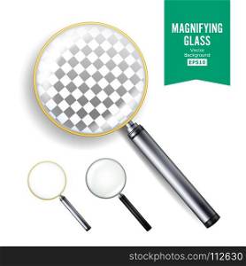 Realistic Magnifying Glass Vector. Set Of Different Magnifying Glass. Different Colors Of lenses And Handles. Realistic Magnifying Glass Vector. Set Of Different Magnifying Glass. Different Colors Of lenses