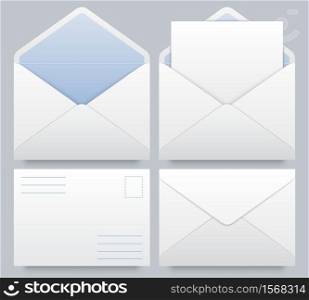 Realistic mail envelopes mockup. Message postal mail, letterhead blank paper mockup, document in envelope, vector illustration. Realistic mail envelopes mockup. Message postal mail