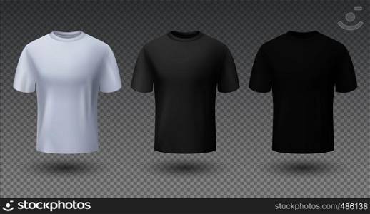 Realistic male shirt. White black and gray t-shirt 3D mockup, blank isolated template, sport clean unisex clothing. Vector uniform set. Realistic male shirt. White black and gray t-shirt 3D mockup, blank isolated template, sport clean unisex clothing. Vector uniform