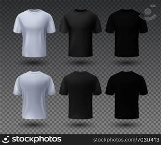 Realistic male t-shirt. White and black mockup, front and back view 3D isolated design template. Vector sport wear and blank uniform labels. Realistic male t-shirt. White and black mockup, front and back view 3D isolated design template. Vector sport wear and blank uniform