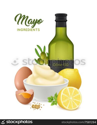 Realistic mayonnaise composition with editable ornate text and images of eggs lemons and olive oil bottle vector illustration