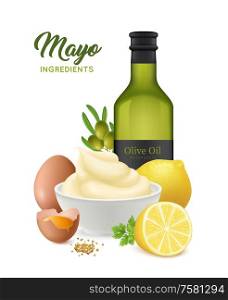 Realistic mayonnaise composition with editable ornate text and images of eggs lemons and olive oil bottle vector illustration