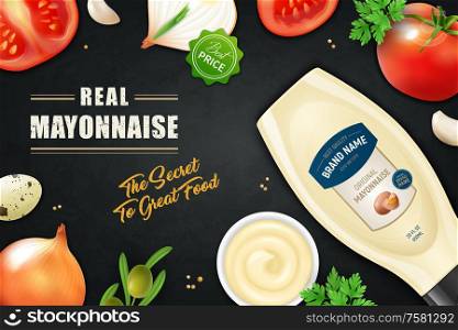 Realistic mayonnaise horizontal ads poster background with editable ornate text vegetable slices and plastic product bottle vector illustration