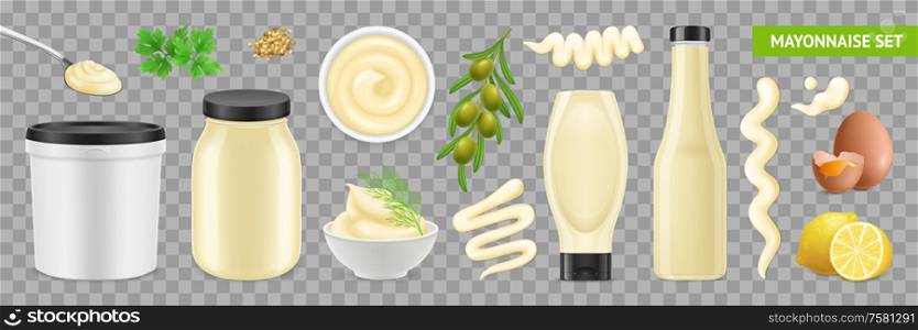 Realistic mayonnaise set with isolated images of ingredients packaging and nutrition plants on transparent background vector illustration
