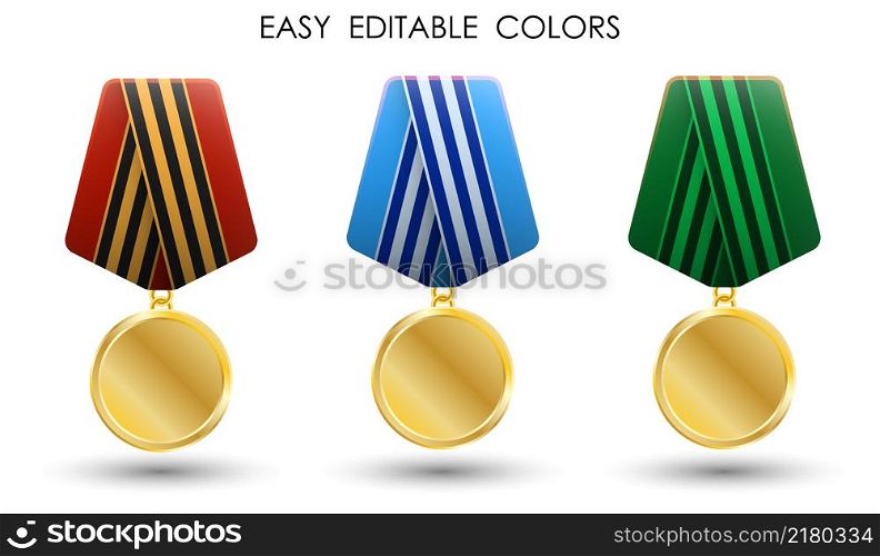 Realistic medal of soldier, military round order, badge of distinction for courage and bravery in battle. Vector isolated on white background