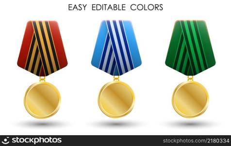 Realistic medal of soldier, military round order, badge of distinction for courage and bravery in battle. Vector isolated on white background