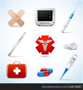 Realistic medical emergency services icons set with capsule sticking plaster scalpel isolated vector illustration.