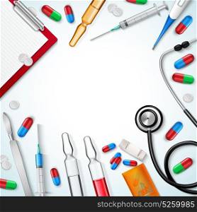 Realistic Medical Instruments Background. Composition of realistic medical instruments with pills syringe vials with liquid lancet knife and prescription sheet vector illustration