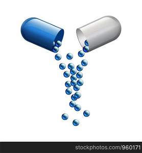 Realistic medical opened capsule pill. Vitamin antibiotic 3D medicine drug for concept improve health. Vector blue capsules for advertising healthcare food on white background. Realistic medical opened capsule pill. Vitamin antibiotic 3D medicine drug for concept improve health. Vector capsules for advertising healthcare food