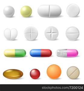 Realistic medical pills. Medicine healthcare vitamins and antibiotics capsule, pharmaceutical painkiller drugs isolated vector icons set. Antibiotic medical pharmaceutical, white pharmacy illustration. Realistic medical pills. Medicine healthcare vitamins and antibiotics capsule, pharmaceutical painkiller drugs isolated vector icons set