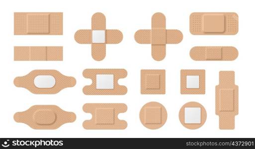 Realistic medical plasters, patches and first aid bands. Elastic adhesive tape for wound. Sticky cross bandage with perforation vector set. Medical patch and sticky plaster illustration. Realistic medical plasters, patches and first aid bands. Elastic adhesive tape for wound. Sticky cross bandage with perforation vector set