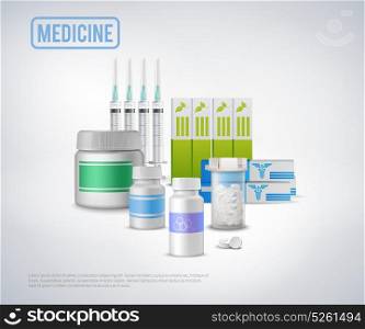 Realistic Medical Supplies Background. Medical healthcare products conceptual background with composition of realistic injectors pills packages with text vector illustration