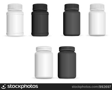 Realistic medicine bottles set. Pharmaceutical and healthy product mockup template. Black and white colour plastic jars for capsule, pills, vitamin. Vector illustration.. Realistic medicine bottles set. Pharmaceutical 3d