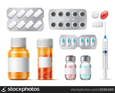 Realistic medicine pills bottles. Pharmaceutical containers with vitamins or drugs. Tablets in foil blisters. Syringe and ampoule. Painkiller capsules. Vector isolated prescription remedy packages set. Realistic medicine pills bottles. Pharmaceutical containers with vitamins or drugs. Tablets in blisters. Syringe and ampoule. Painkiller capsules. Vector prescription remedy packages set