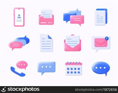 Realistic message icons. 3D plastic chat symbols. Mobile phone SMS communication speech bubble. Information notification and email interface element templates. Vector isolated smartphone signs set. Realistic message icons. 3D plastic chat symbols. Mobile SMS communication speech bubble. Information notification and email interface element templates. Vector smartphone signs set