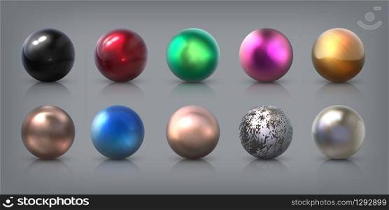 Realistic metal balls. 3D aluminum steel bronze silver and gold spheres with reflections, bearing ball and texture orbs. Vector image round shapes stone with shine glares. Realistic metal balls. 3D aluminum steel bronze silver and gold spheres with reflections, bearing ball and texture orbs. Vector round shapes with glares