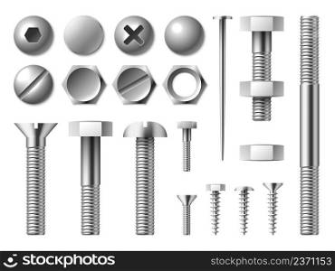Realistic metal bolts. Steel nuts and screws. Silver nails or rivets. Round or hexagonal metallic caps. Isolated chrome fixing devices. Repair tools. Hardware collection. Vector fastening elements set. Realistic metal bolts. Steel nuts and screws. Nails or rivets. Round or hexagonal metallic caps. Chrome fixing devices. Repair tools. Hardware collection. Vector fastening elements set