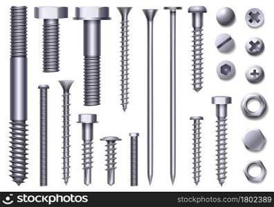 Realistic metal bolts, steel nuts, rivets and screws. Stainless construction hardware top side view. Chrome bolt and pin head vector set. Illustration of realistic metal and hardware to construction. Realistic metal bolts, steel nuts, rivets and screws. Stainless construction hardware top and side view. Chrome bolt and pin head vector set