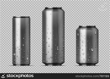 Realistic metal cans. Aluminum bear soda and lemonade cans with water drops, energy drink blank mockup. Vector isolated set canned beverages with water condensation on transparent background. Realistic metal cans. Aluminum bear soda and lemonade cans with water drops, energy drink mockup. Vector isolated set
