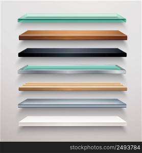 Realistic metal glass wood and plastic bookstore shelves set isolated vector illustration. Realistic Shelves Set