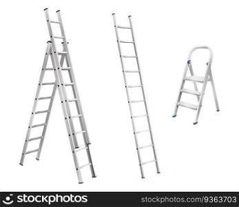 Realistic metal ladders. Set of step ladder and stair cases for household on white background. Isolated aluminum staircases. 3d vector illustration. Realistic metal ladders. Set of step ladder and stair cases for household on white background