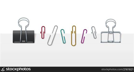 Realistic metal paper binder clips, clamps and sheet holders. Office paperclips attached to white page. Office clip attachment vector set. Fastener for business documents and paperwork. Realistic metal paper binder clips, clamps and sheet holders. Office paperclips attached to white page. Office clip attachment vector set