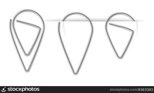 Realistic metal paper clip isolated on white background. Page holders and binders of different shapes for document and memo. 3d vector illustration. Realistic metal paper clip on white background. Page holders and binders of different shapes