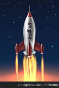 Realistic Metal Rocket Launch Background Poster. Metallic space rocket launch realistic retro poster with night blue and bright fiery bottom background vector illustration