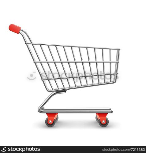Realistic metal shopping cart isolated on white background vector illustration. Shopping cart realistic