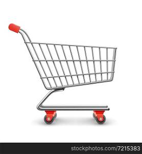 Realistic metal shopping cart isolated on white background vector illustration. Shopping cart realistic
