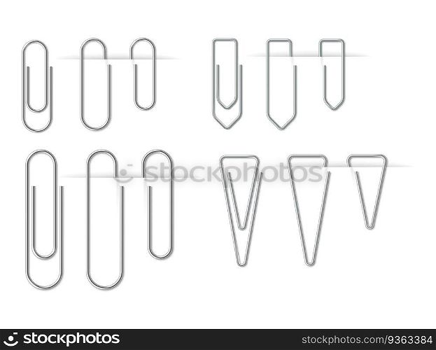 Realistic metal silver paper clips set isolated and attached on white background. Paperclips and binders for pages collection. 3d vector illustration. Realistic metal silver paper clips set isolated and attached on white background